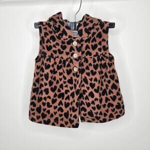 CARTERS Leopard-like Black Heart Print on Brown Fleece Hooded Sleeveless Jacket
